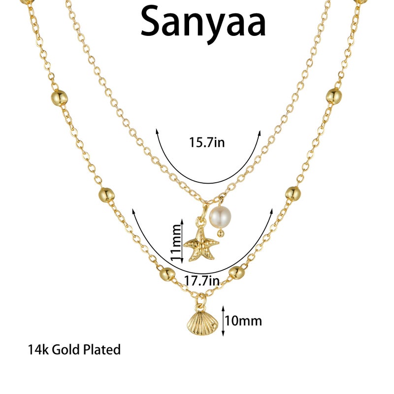 Sanyaa Seashell Starfish Necklace for Women Conch Shell Summer Pearl Beach 14k Gold Layered Dainty Choker (Pearl Layered Necklace) - Image 4