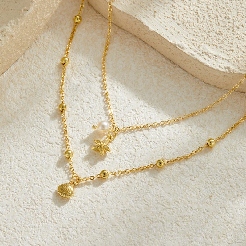 Sanyaa Seashell Starfish Necklace for Women Conch Shell Summer Pearl Beach 14k Gold Layered Dainty Choker (Pearl Layered Necklace) - Image 2