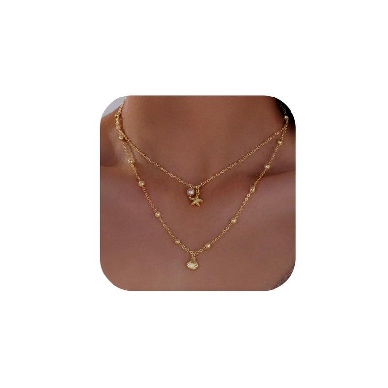 Sanyaa Seashell Starfish Necklace for Women Conch Shell Summer Pearl Beach 14k Gold Layered Dainty Choker (Pearl Layered Necklace) - Image 1