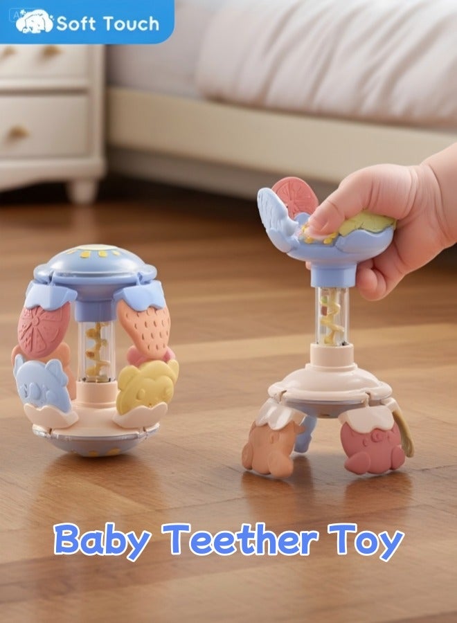 Soft Touch Multi-mode Baby Teether Toy Baby Rattle Toddler Soothing Toys with Spiral Slide Baby Chew Toy for 0-3 Years Baby Boys and Girls (Blue) - Image 1