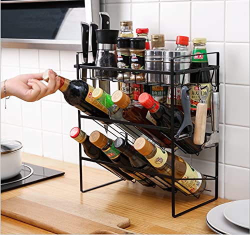 IKTU 3-Tier Seasoning Organizer Storage Counter Shelf/Rack with 2 Hooks for Large/Small Spice Jars Condiment Can Sauce Bottle (Black) - Image 1