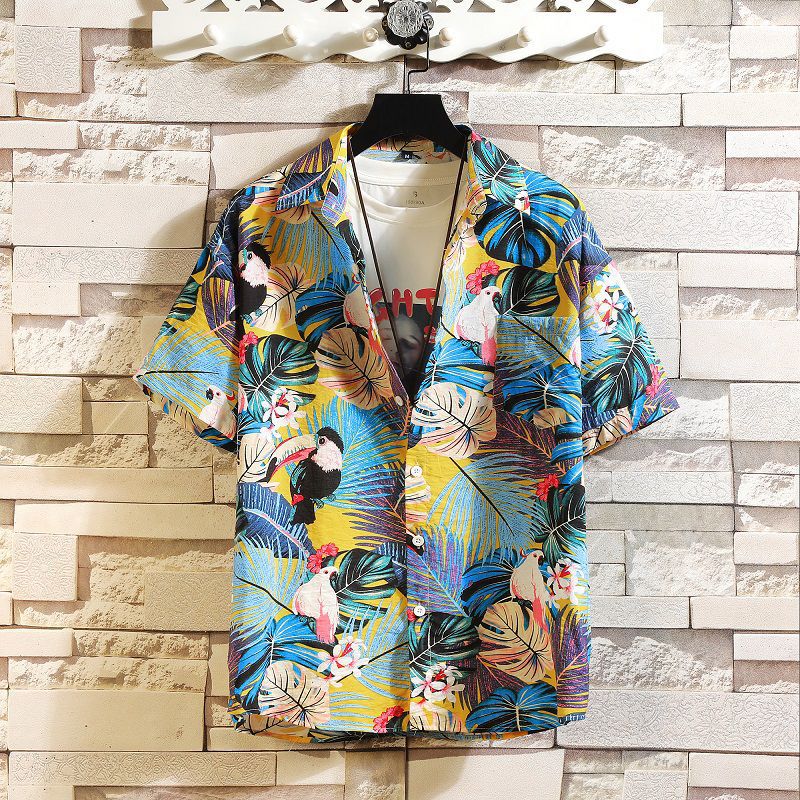 Hawaiian Flower Shirt Men's Short-sleeved Loose plus size Chubby Rupi Handsome Antique Beach Shirt Fashionable Jacket Men's Summer - Image 4