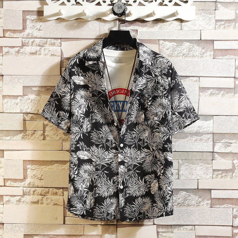 Hawaiian Flower Shirt Men's Short-sleeved Loose plus size Chubby Rupi Handsome Antique Beach Shirt Fashionable Jacket Men's Summer - Image 1
