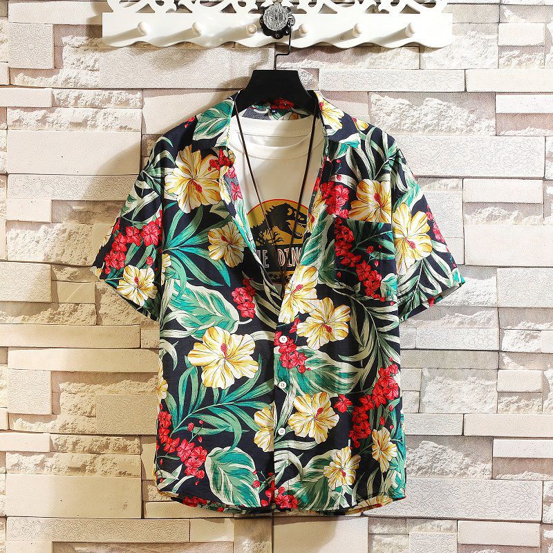 Hawaiian Flower Shirt Men's Short-sleeved Loose plus size Chubby Rupi Handsome Antique Beach Shirt Fashionable Jacket Men's Summer - Image 5