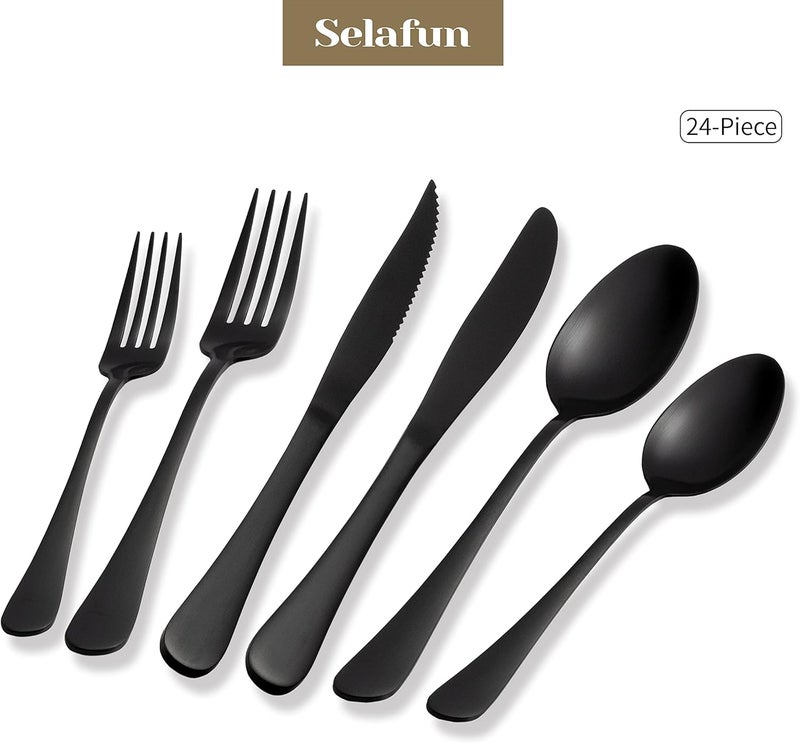 Selafun 24 Piece Matte Black Flatware SetStainless Steel Matte Black Silverware Set Titanium Plating Tableware Cutlery Set Utensil Set for Kitchens Dishwasher SafeService for 4 - Image 3