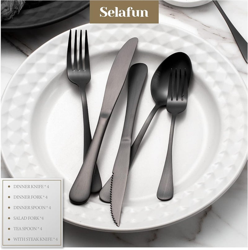 Selafun 24 Piece Matte Black Flatware SetStainless Steel Matte Black Silverware Set Titanium Plating Tableware Cutlery Set Utensil Set for Kitchens Dishwasher SafeService for 4 - Image 4
