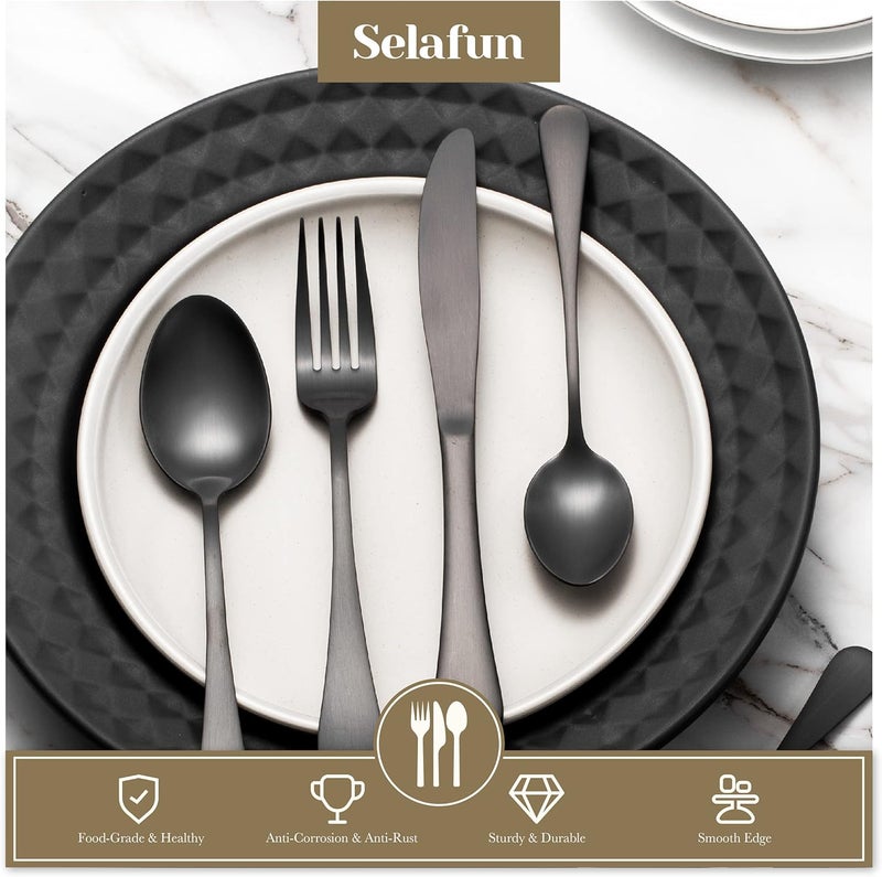 Selafun 24 Piece Matte Black Flatware SetStainless Steel Matte Black Silverware Set Titanium Plating Tableware Cutlery Set Utensil Set for Kitchens Dishwasher SafeService for 4 - Image 5