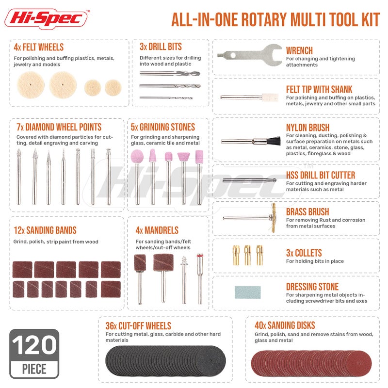 Hi-Spec Rotary Tool Kit Set 170W 1.4A with 121 Piece Dremel Compatible Bit Accessories. Drill, Cut, Trim, Grind & Sand in DIY Repairs, Hobbies & Craftwork - Image 2