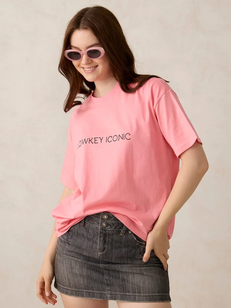 OUTZIDR Pink Graphic Oversized T-Shirt