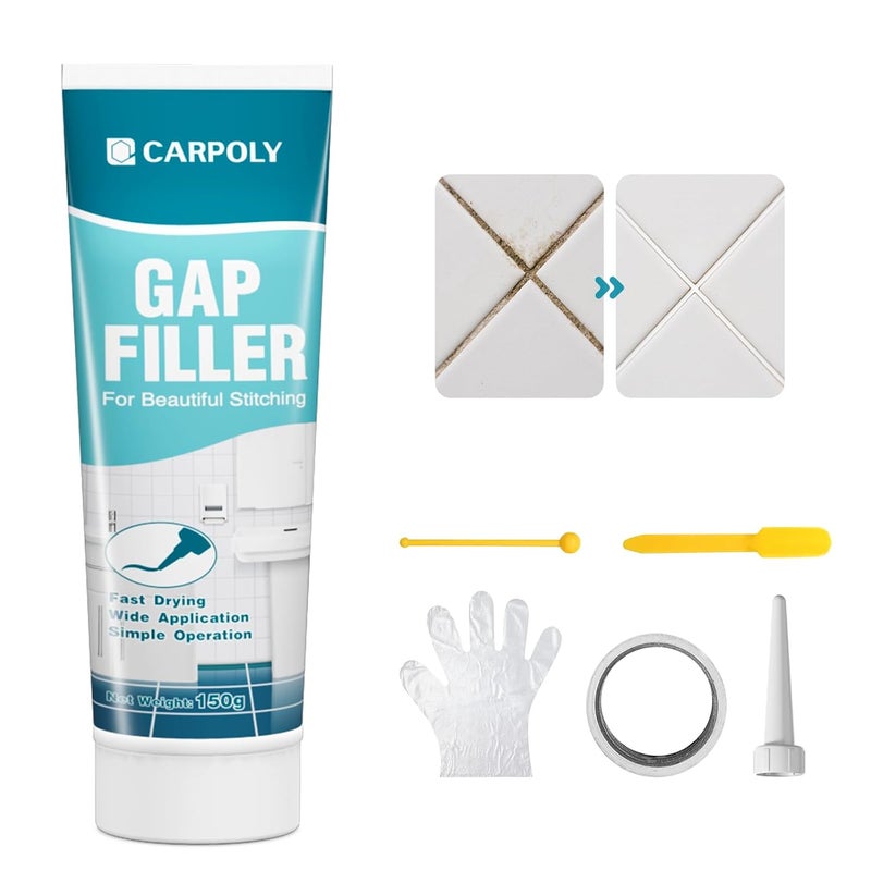 CARPOLY Tile Grout Repair Kit, White Grout Filler for Bathroom, Kitchen, Rstore & Renew Tile Joints Line, Triple Protection, Fast Drying Shower Grout with Tools(White, 5.29oz/150g) - Image 1