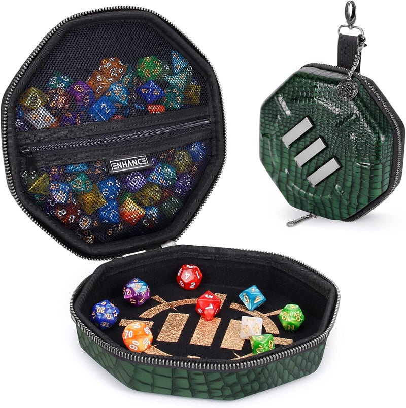 ENHANCE DND Dice Tray and Case - Collector's Edition DND Dice Holder up to 150 D&D Shakers with Hard Shell Exterior and Protective Soft Interior - Rolling Tray Perfect for Game Night (Dragon Green) - Image 1