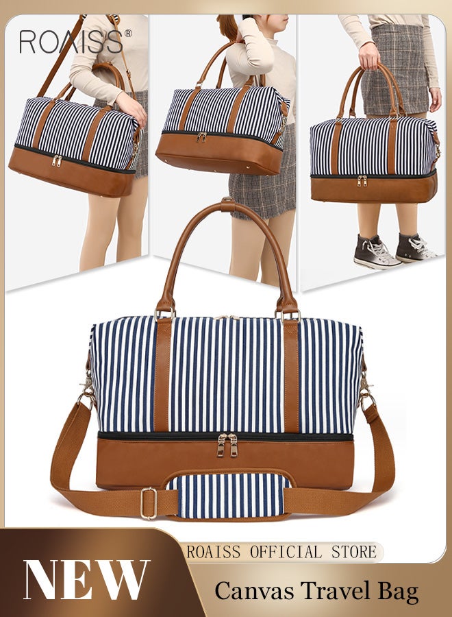 roaiss Extra Large Capacity Travel Handbag Women'S Daily Business Trip Fitness Striped Canvas Pu Leather Spliced Independent Shoe Compartment Shoulder Bag - Image 1