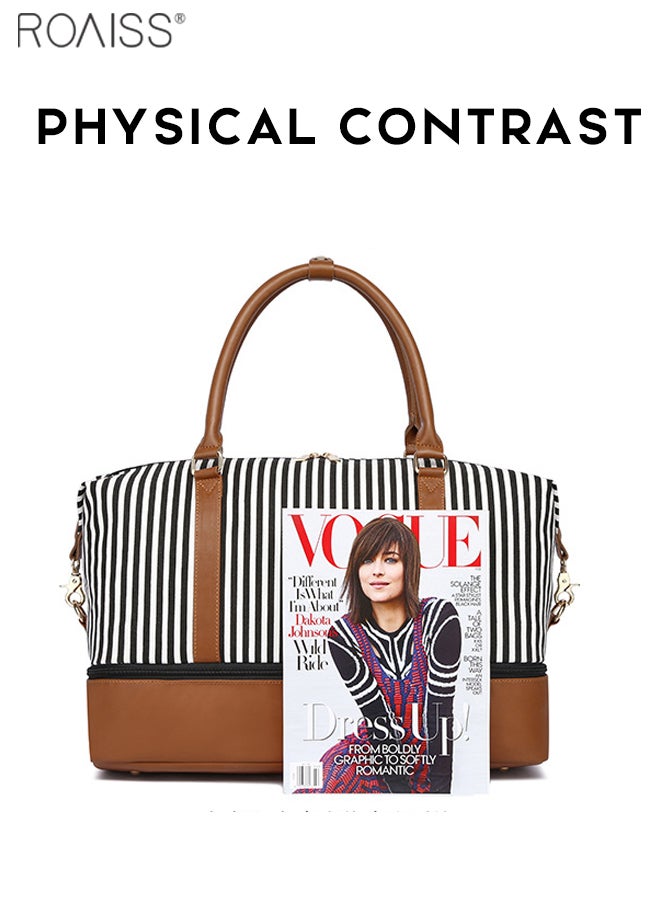roaiss Extra Large Capacity Travel Handbag Women'S Daily Business Trip Fitness Striped Canvas Pu Leather Spliced Independent Shoe Compartment Shoulder Bag - Image 5