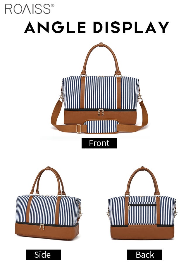 roaiss Extra Large Capacity Travel Handbag Women'S Daily Business Trip Fitness Striped Canvas Pu Leather Spliced Independent Shoe Compartment Shoulder Bag - Image 4