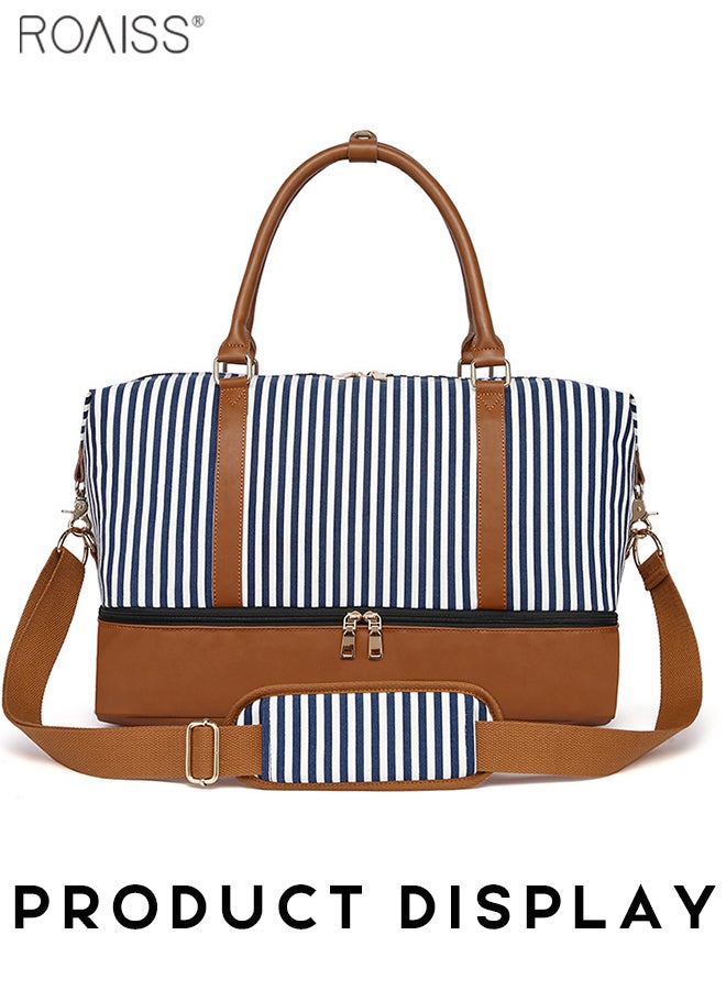 roaiss Extra Large Capacity Travel Handbag Women'S Daily Business Trip Fitness Striped Canvas Pu Leather Spliced Independent Shoe Compartment Shoulder Bag - Image 2