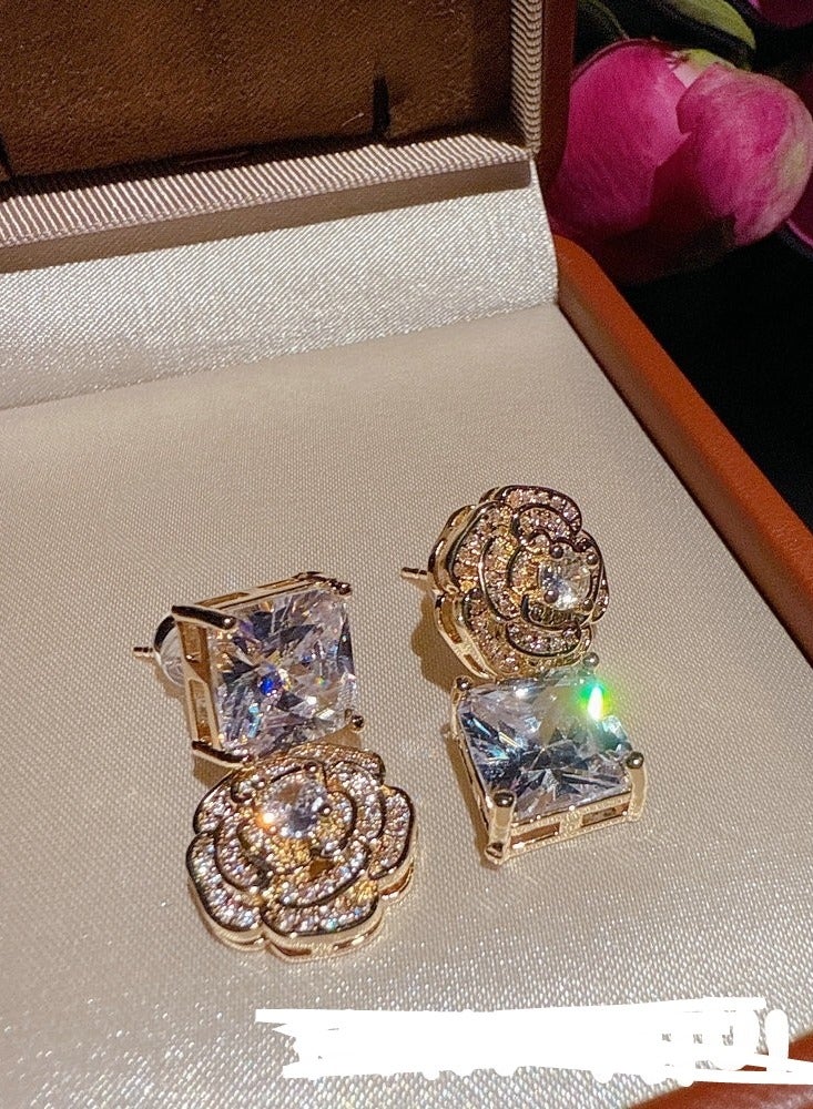 Jewelry Camellia asymmetrical zircon earrings - Image 3