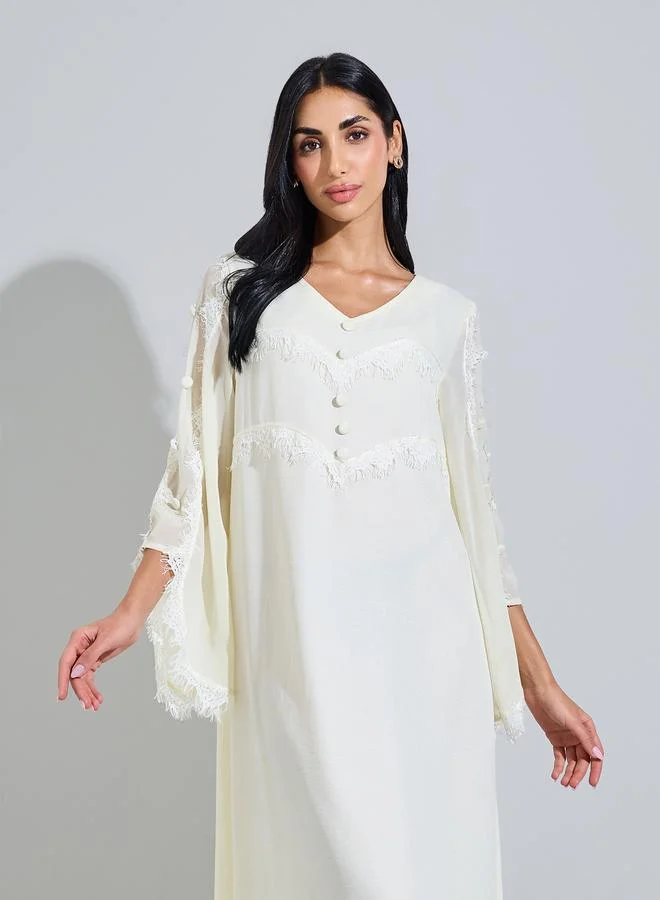 Styli Off White Lace Trim V Neck Jalabiya