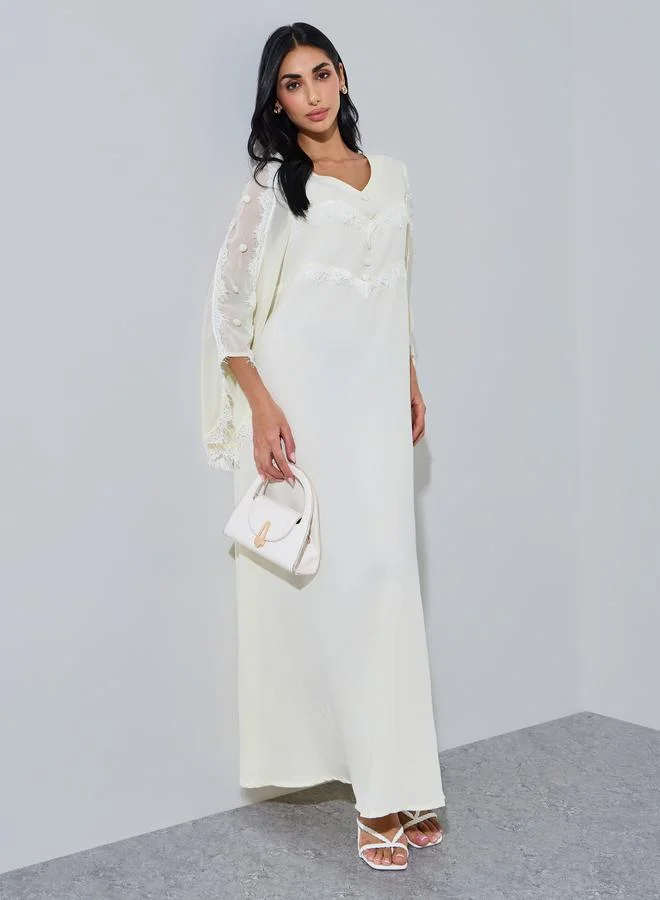 Styli Off White Lace Trim V Neck Jalabiya