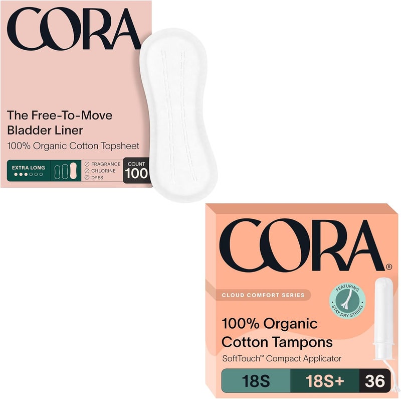 Cora Organic Feminine Care  100 Extra Long Bladder Liners Incontinence  Postpartum Pads and 36SS Applicator Tampon Multipack  UltraAbsorbent Unscented Natural NonToxic  Bundle Pack - Image 1