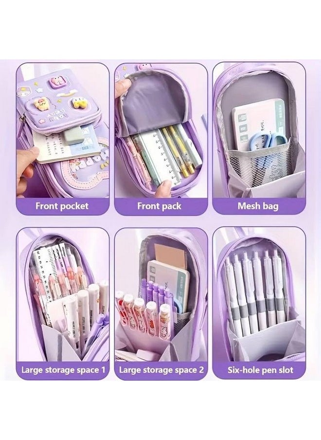 Prime Deals PRIME DEALS Canvas Premium Pencil Case Hang able 6 Layer with 3 Compartment Cute Aesthetic Pencil Case for Girls Large Capacity Pencil Pouch for Kids Cute Stationary Gift for Kids (Purple)  - Image 3