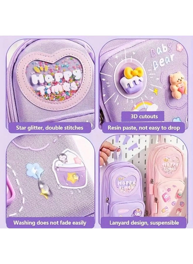 Prime Deals PRIME DEALS Canvas Premium Pencil Case Hang able 6 Layer with 3 Compartment Cute Aesthetic Pencil Case for Girls Large Capacity Pencil Pouch for Kids Cute Stationary Gift for Kids (Purple)  - Image 2