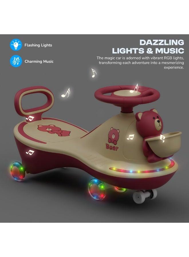 بيبي سيارة هزازة على شكل دب للأطفال، سيارة ركوب للأطفال مع أضواء وموسيقى مبهرة | سيارة سحرية دوارة للأطفال بعجلات LED من البولي يوريثان | سيارة أطفال | سيارة ركوب للأطفال من 3 إلى 8 سنوات، لون وردي - Image 4