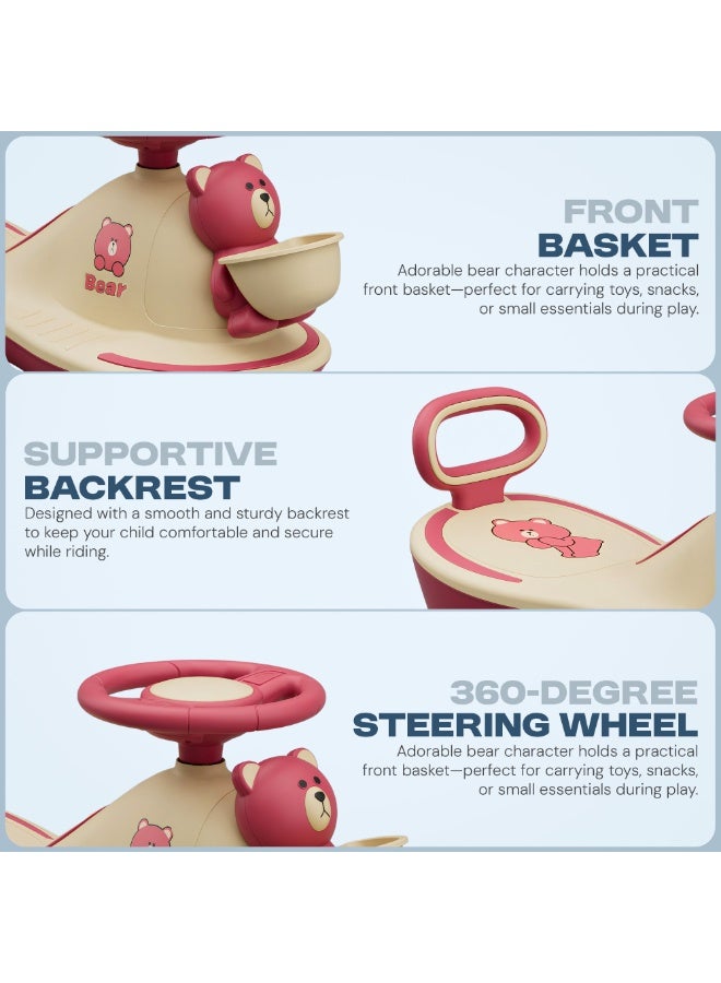 بيبي سيارة هزازة على شكل دب للأطفال، سيارة ركوب للأطفال مع أضواء وموسيقى مبهرة | سيارة سحرية دوارة للأطفال بعجلات LED من البولي يوريثان | سيارة أطفال | سيارة ركوب للأطفال من 3 إلى 8 سنوات، لون وردي - Image 5
