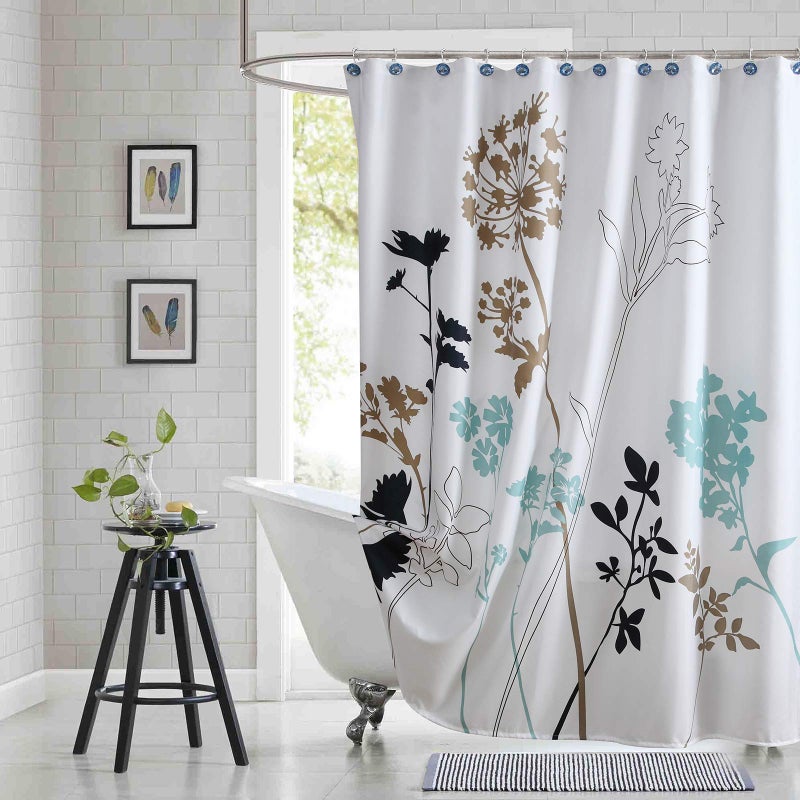 BESTRIPES Fabric Floral Shower Curtain Blue and White Shower Curtain Teal and Brown Plant Shower Curtains for Bathroom Modern Decorative Bathroom Curtains 72 W x 72 H