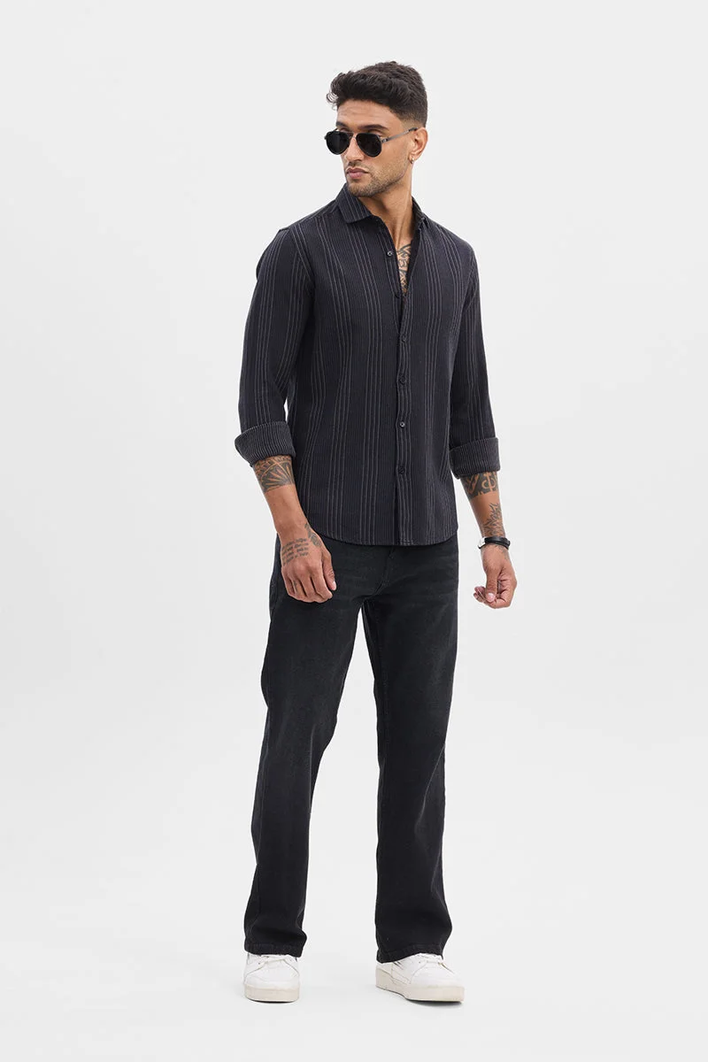 سنيتش Black Striped Long Sleeve Slim Fit Casual Shirt