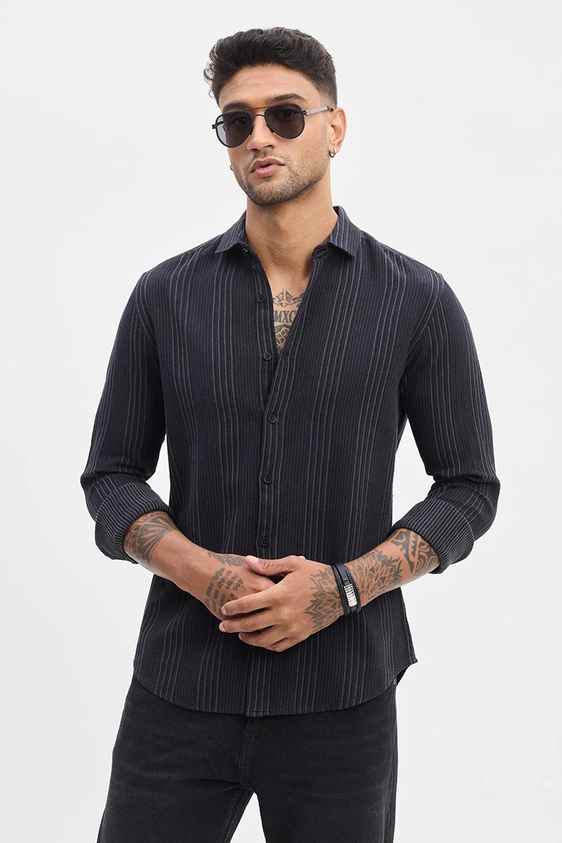 سنيتش Black Striped Long Sleeve Slim Fit Casual Shirt