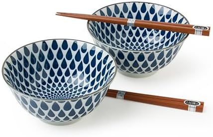 Miya Japan Rice or Noodle Bowls and Chopsticks Set for 2 Blue and White Rain Design