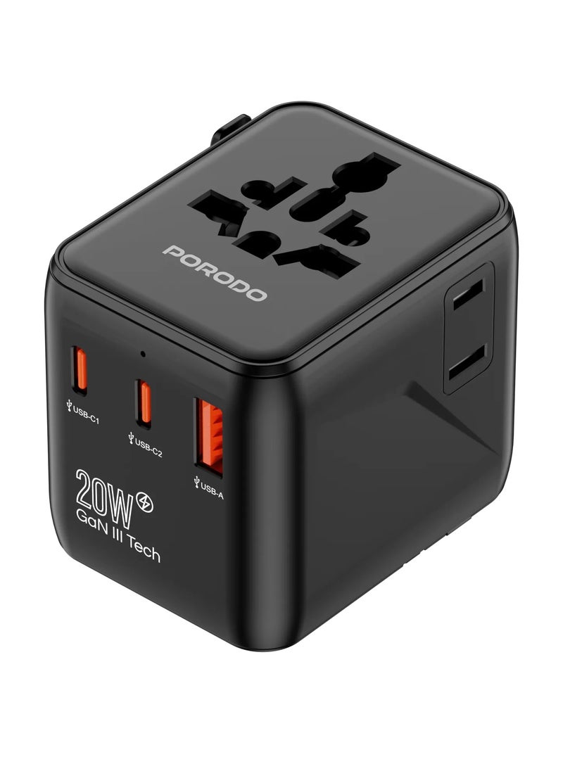 porodo - Universal Travel GaN Quick Charger PD 20W / Built-In Safeguards / +200 Countries / Simultaneous Charging / Universal Compatibility - Black - Image 1