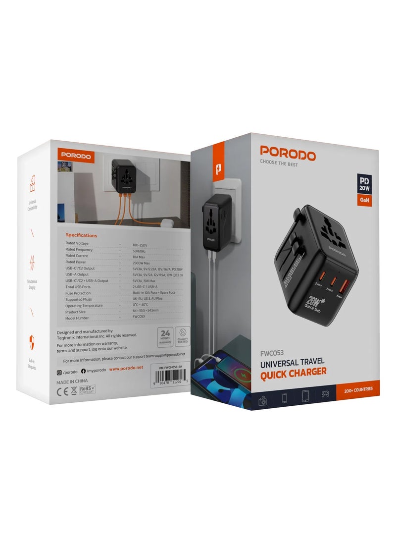 porodo - Universal Travel GaN Quick Charger PD 20W / Built-In Safeguards / +200 Countries / Simultaneous Charging / Universal Compatibility - Black - Image 1