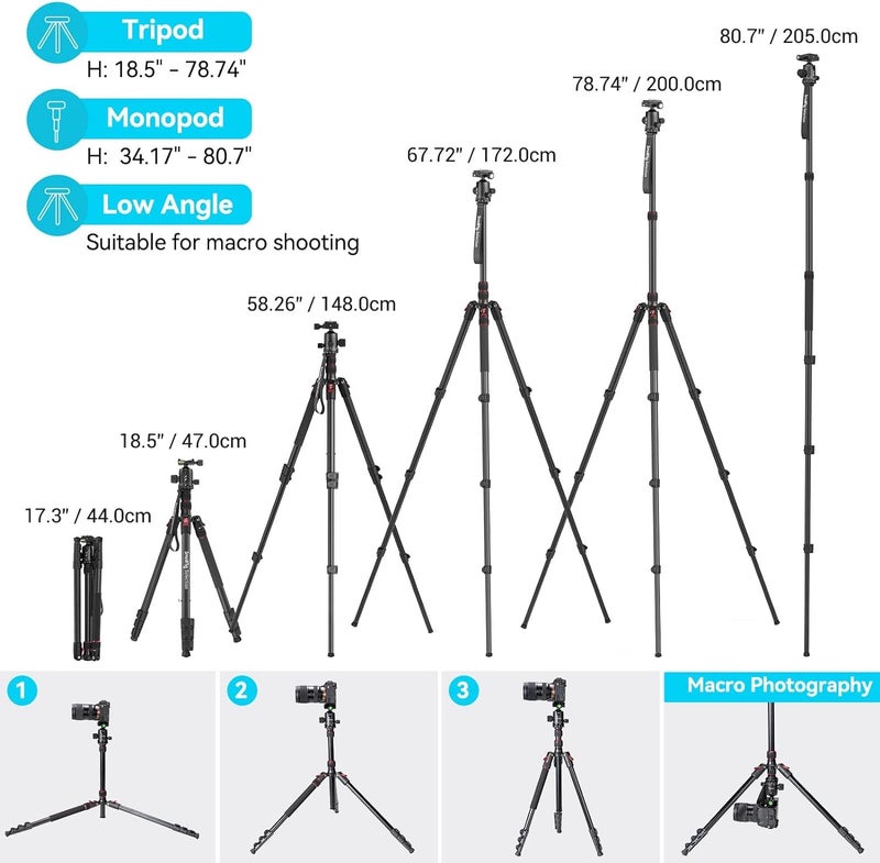 SMALLRIG حامل كاميرا SmallRig CT-20، حامل ثلاثي قابل للطي من الألمنيوم بارتفاع 78.7" و monopod، رأس كروي قابل للفصل بزاوية 360 درجة، سعة تحميل 33 رطل (200 سم/78.7") - Image 2
