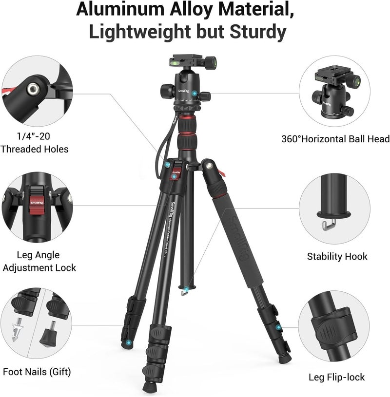 SMALLRIG حامل كاميرا SmallRig CT-20، حامل ثلاثي قابل للطي من الألمنيوم بارتفاع 78.7" و monopod، رأس كروي قابل للفصل بزاوية 360 درجة، سعة تحميل 33 رطل (200 سم/78.7") - Image 4