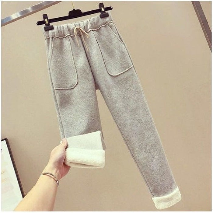 Autumn and Winter Fashion suit Female Students Korean Loose fleece-lined Thickened Imitation Lamb Wool Sweatshirt Cropped Wool Casual Pants Gray pants - Image 1