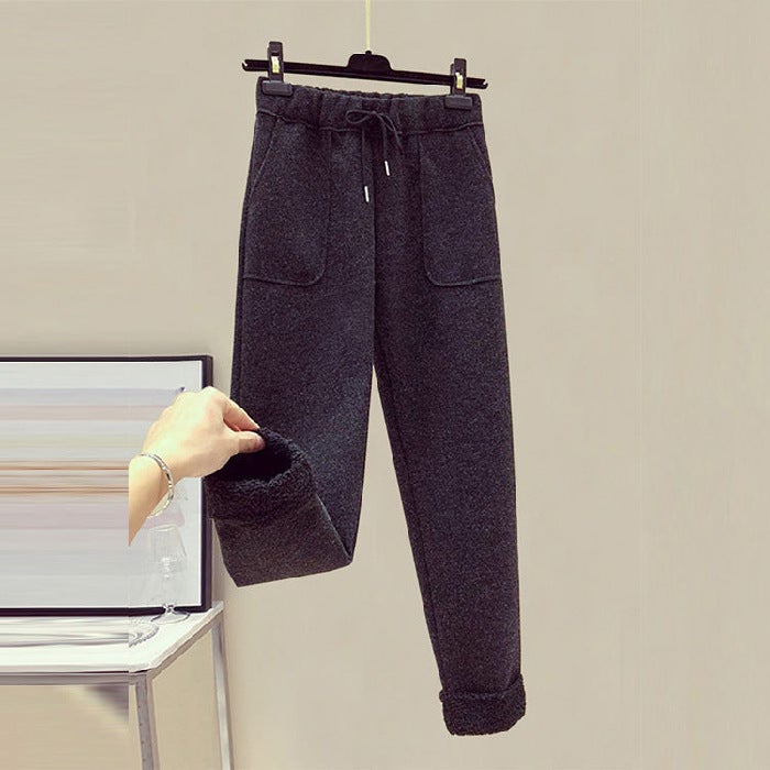 Autumn and Winter Fashion suit Female Students Korean Loose fleece-lined Thickened Imitation Lamb Wool Sweatshirt Cropped Wool Casual Pants Gray pants - Image 2