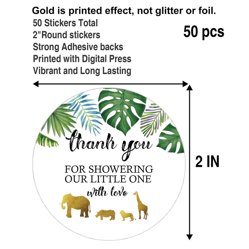 Ergonflow 50 Jungle Gold Baby Shower Stickers, Thank You for Showering Our Baby with Love Stickers, Baby Shower Favors for Boy or Girl, Baby Shower Favor Labels for Birthday Party, 2 Inches - Image 2