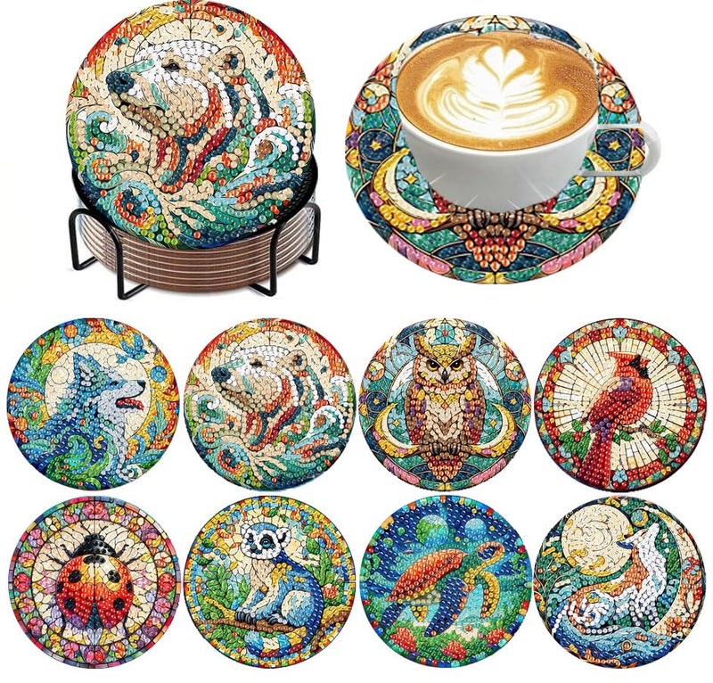 ijbnhd 8 PCS Animals Diamond Art Coasters Kit, Animals Diamond Painting Coasters with Holder, Arts and Crafts Supplies Astral 4X4inch (Cork Wooden Pad) - Image 1