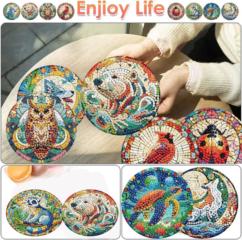 ijbnhd 8 PCS Animals Diamond Art Coasters Kit, Animals Diamond Painting Coasters with Holder, Arts and Crafts Supplies Astral 4X4inch (Cork Wooden Pad) - Image 2
