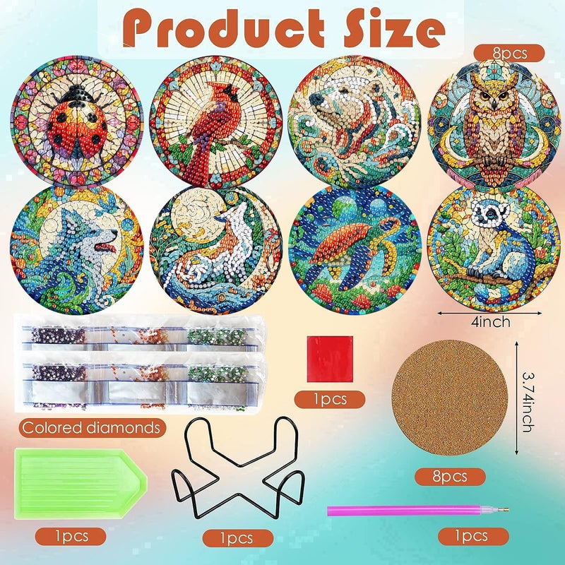 ijbnhd 8 PCS Animals Diamond Art Coasters Kit, Animals Diamond Painting Coasters with Holder, Arts and Crafts Supplies Astral 4X4inch (Cork Wooden Pad) - Image 3
