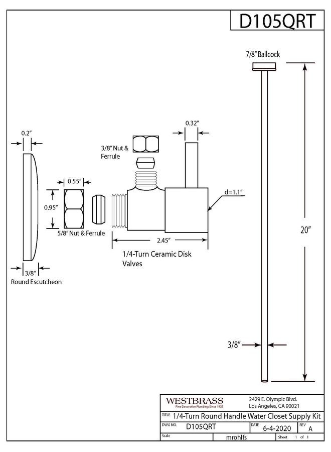 ويست براس طقم رافعة خط إمداد المرحاض Westbrass D105QRT-12 بقطر خارجي 5/8 بوصة × 3/8 بوصة × 20 بوصة برأس مسطح مع مقبض دائري وزاوية إيقاف 1/4 دورة، برونزي مصقول بالزيت - Image 2