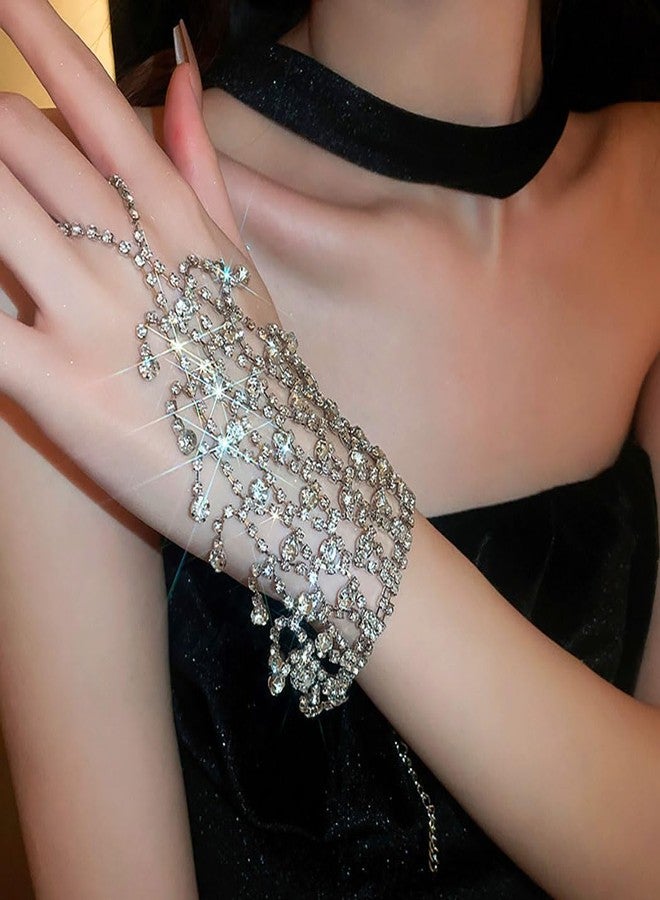 ACEDRE Rhinestone Ring Bracelet Silver Hand Chain Jewelry Sparkly Crystal Finger Bangles Costume Accessories for Women - Image 3