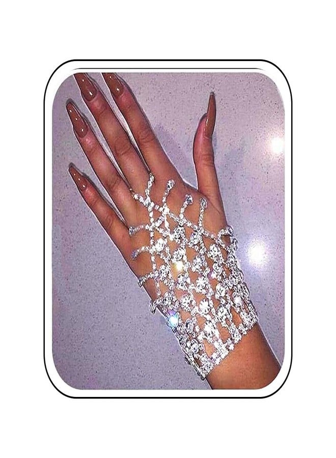 ACEDRE Rhinestone Ring Bracelet Silver Hand Chain Jewelry Sparkly Crystal Finger Bangles Costume Accessories for Women - Image 1