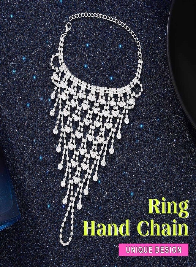 ACEDRE Rhinestone Ring Bracelet Silver Hand Chain Jewelry Sparkly Crystal Finger Bangles Costume Accessories for Women - Image 2