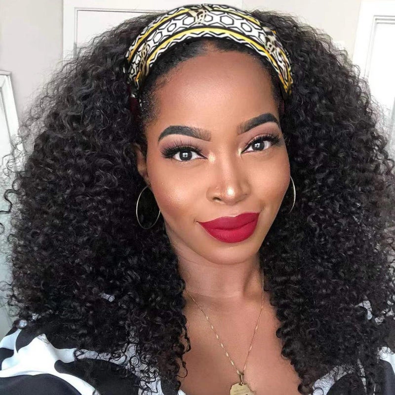 Aiterina Kinky Curly Human Hair Wig  16 inch Natural Color No Gel Remy Hair Lace Front Machine Made Curly Scarf Wig for Black Women