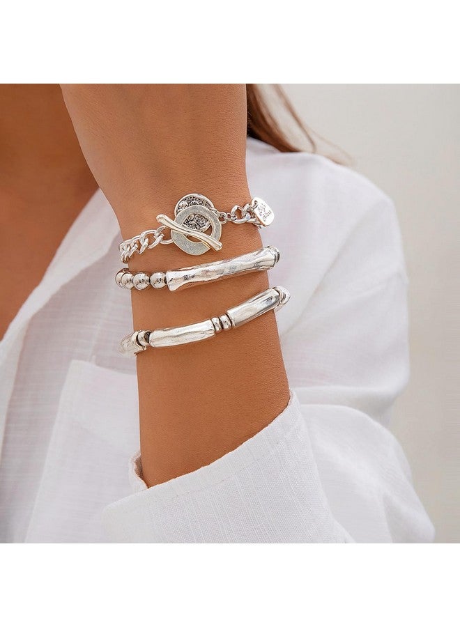 Jumwrit 3Pcs Boho Layered Beaded Bracelets Set For Women Dainty Stretch Elastic Round Ball Beads Tube Chunky Chain Bracelets Stackable Silver Toggle Cuban Link Bracelets Trendy Jewelry - Image 2