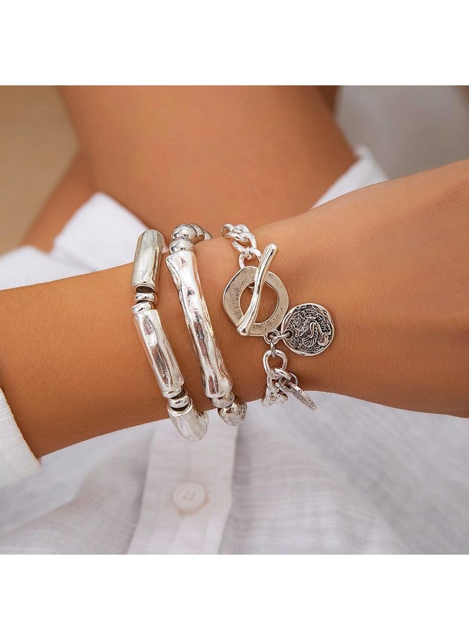 Jumwrit 3Pcs Boho Layered Beaded Bracelets Set For Women Dainty Stretch Elastic Round Ball Beads Tube Chunky Chain Bracelets Stackable Silver Toggle Cuban Link Bracelets Trendy Jewelry - Image 4