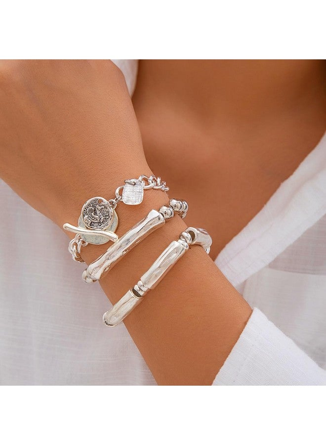 Jumwrit 3Pcs Boho Layered Beaded Bracelets Set For Women Dainty Stretch Elastic Round Ball Beads Tube Chunky Chain Bracelets Stackable Silver Toggle Cuban Link Bracelets Trendy Jewelry - Image 3