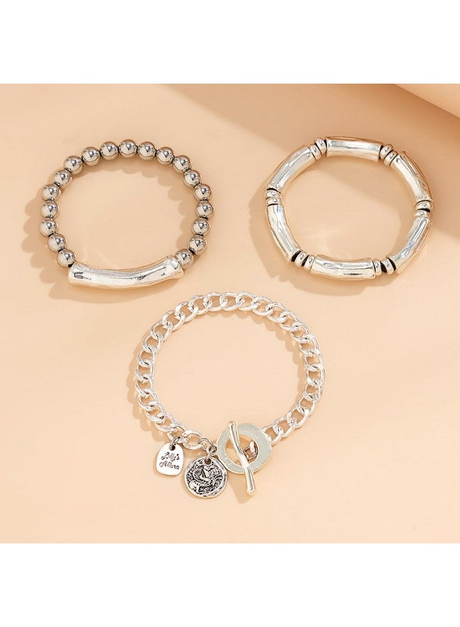 Jumwrit 3Pcs Boho Layered Beaded Bracelets Set For Women Dainty Stretch Elastic Round Ball Beads Tube Chunky Chain Bracelets Stackable Silver Toggle Cuban Link Bracelets Trendy Jewelry - Image 5